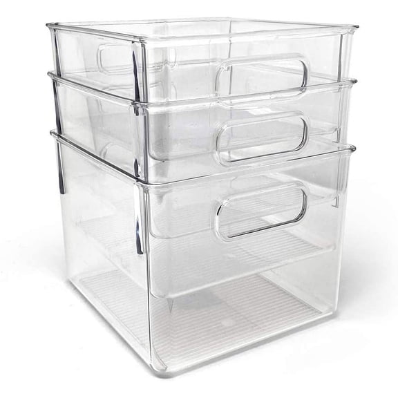 3-Pack Large Clear Storage Bins with Handles, Plastic Organizer for Home, Room, Office, Fridge, Kitchen/Pantry Non-Slip Container Set, Food Safe, BPA Free (3-Pack, Large)