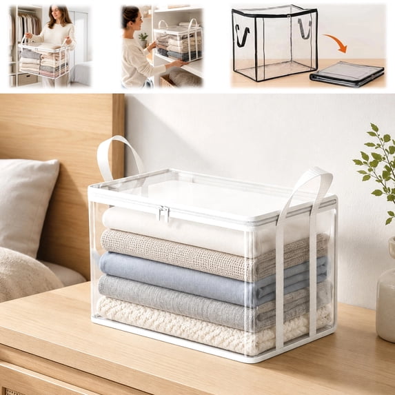 3 Pack Large Clear Thick Plastic Storage Box with Hinged Lid, Thick Plastic Book Storage Bin, Stackable Collapsible Organizer Container for Books, Files, Magazines, Bedroom (White L)