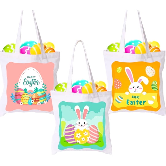 3 Pack Large Easter Canvas Tote Bags with Handles, Happy Easter Basket Egg Bunny Rabbit Gift Bag Treat Bags for Kids, Trick Bag Kids Party Favor Supplies