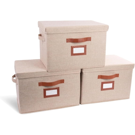 3 Pack Large Fabric Storage Boxes with Lids (15.75" x 11.25" x 11.25") - Decorative Bin with Lid, Label Holder, Faux Leather Handles - Large Storage Boxes for Organizing Clothes, Blankets - Oatmeal