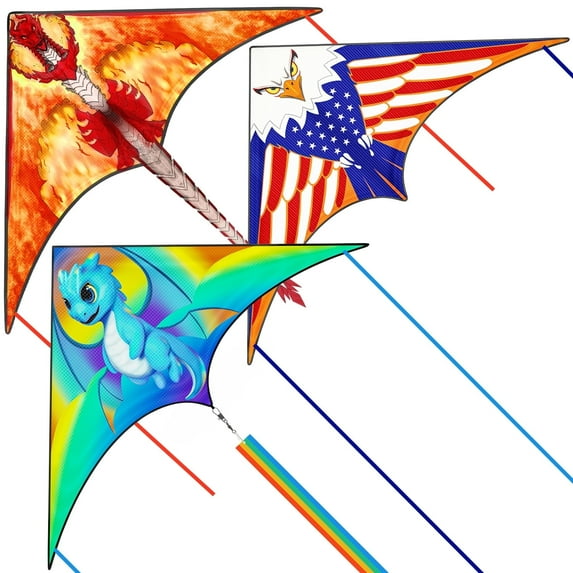 3 Pack Large Kites-Delta Multicolor Kite Warm and Cold Color, Easy to Fly for Kids and Adults with 300ft Kite String Each Handle for Outdoor Games and Activities