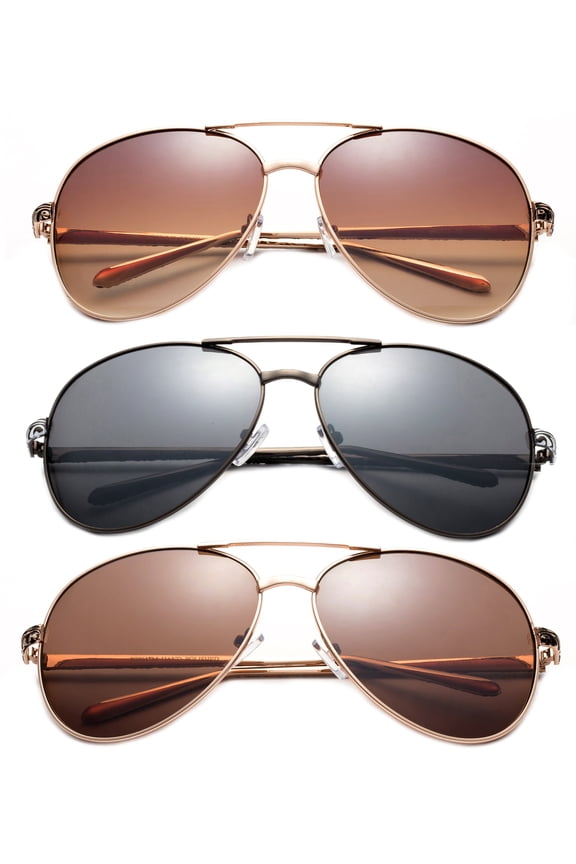 3 Pack Large Metal Rim Aviator Sunglasses for Men for Women, Two Tone Engrave Metal Temple, Gunmetal, Brown & Dark Brown