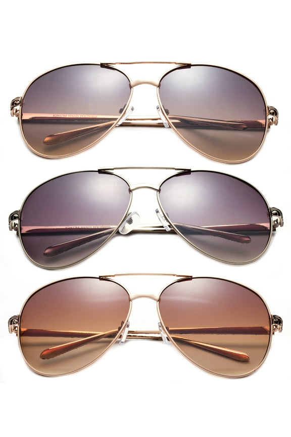 3 Pack Large Metal Rim Aviator Sunglasses for Men for Women, Two Tone Engrave Metal Temple, Silver, Gold Smoke & Brown