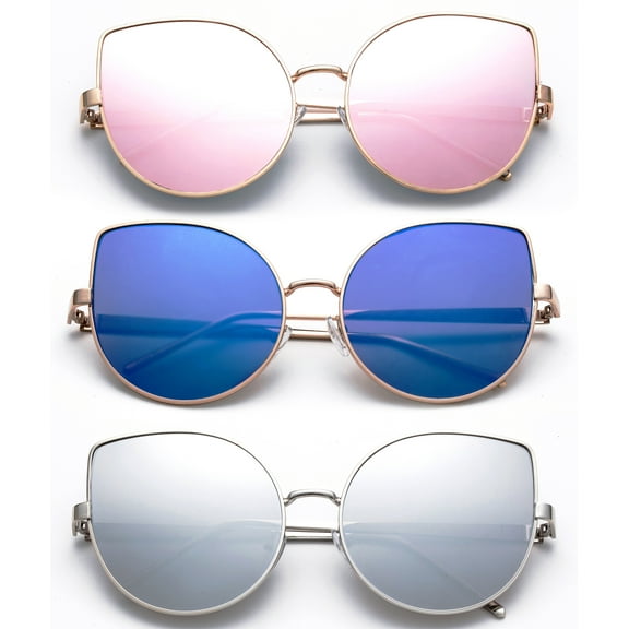 3 Pack Large Metal Rim Butterfly Cateye Fashion Sunglasses for Women, Flat Lens with Mirror