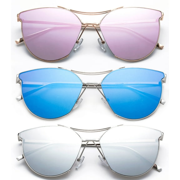 3 Pack Large Metal Rim Dual Bridges Butterfly Cateye Fashion Sunglasses for Women, Flat Lens with Mirror