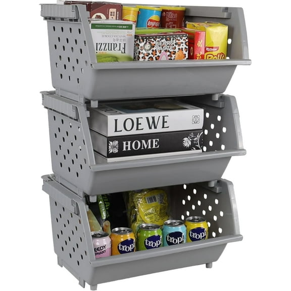 3 Pack Large Open Front Stacking Storage Bins, Plastic Stackable Basket , Gray