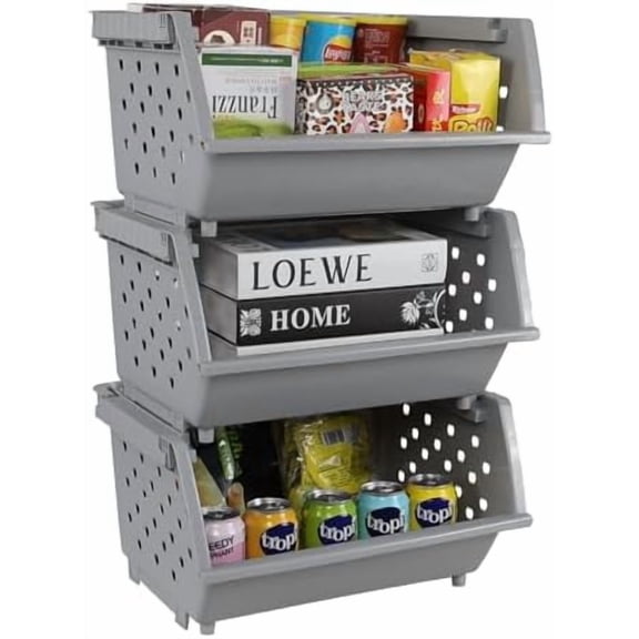 3 Pack Large Open Front Stacking Storage Bins, Plastic Stackable Basket , Gray$$Home Decor, Kitchen, & Other