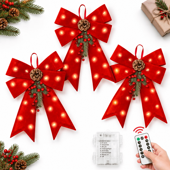 Outside Timer 3 Pack Large Prelit Christmas Bows, Red with 20 LED Lights, Remote, 8 ...