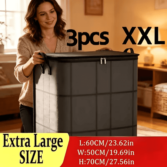 3Pack LargeSize Clothing Storage BagsThickened Foldable Wardrobe Organizer Bags with Reinforced Handles and Zipper Closure, Dark Grey/GreySpaceSaving Storage Bags for Garments and Bedding