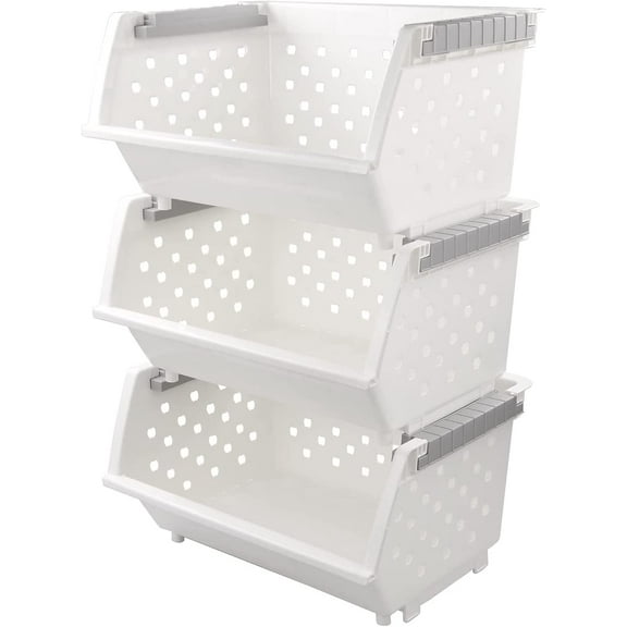 3 Pack Large Stackable Storage Bins Kitchen Plastic Stacking Basket, White