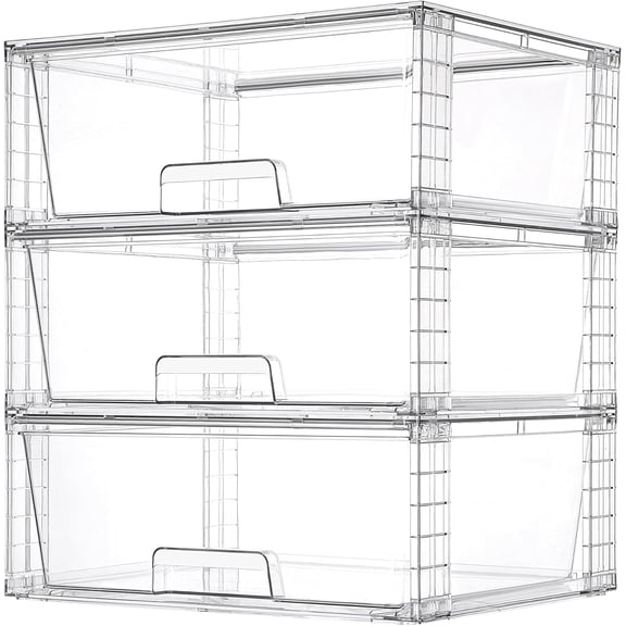 3 Pack Large Stackable Storage Drawers,Easily Assemble Acrylic Bathroom Closet Undersink Organizers and Storage,Plastic Storage Bins for Kitchen Cabinets,Pantry,Makeup,Medicine Organization