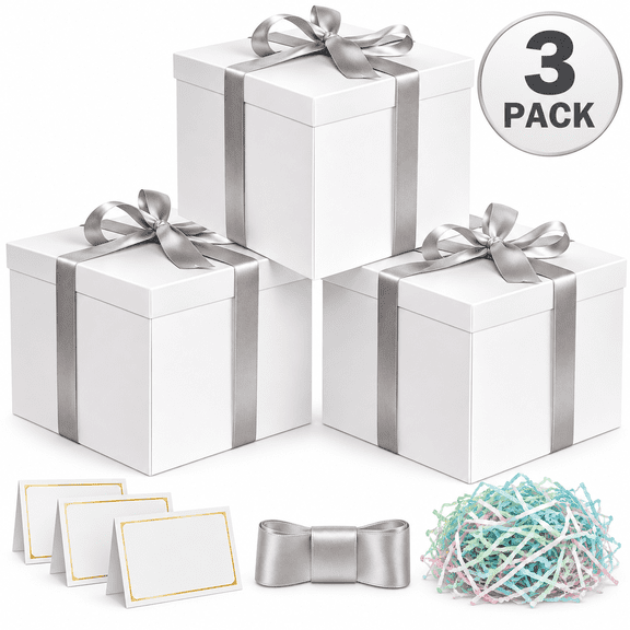3 Pack Large White Gift Boxes with Lids, 12 x 12 x 10 Inch Collapsible Present Boxes with Ribbon, Cards and Shredded Filler