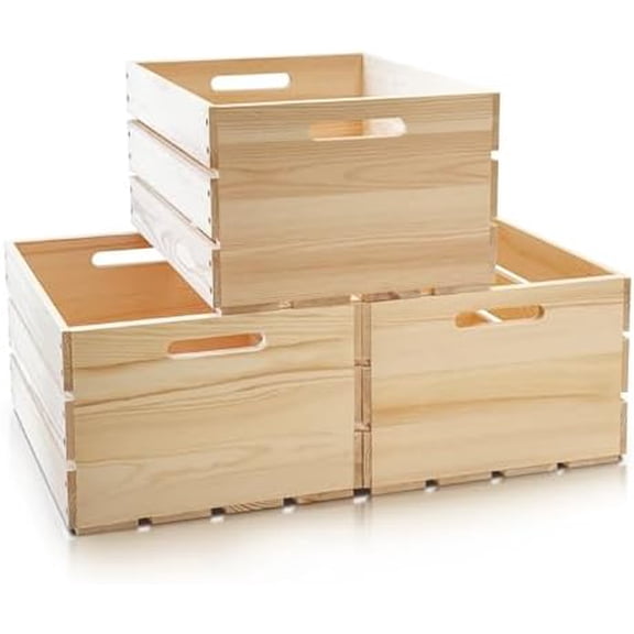 3 Pack Large Wooden Crates with Handles, Natural Solid Pine Wood Crates for Storage, Decor, Wooden Milk Crate for Farmhouse, Vinyl Record Storage Crate$$Home Decor, Kitchen, & Other