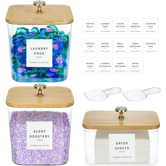3 Pack Laundry Pod Containers and Dryer Sheet Holder, Laundry Room Organization Storage Containers with Lids and Labels for Detergent Pods Dry Sheet Organizing