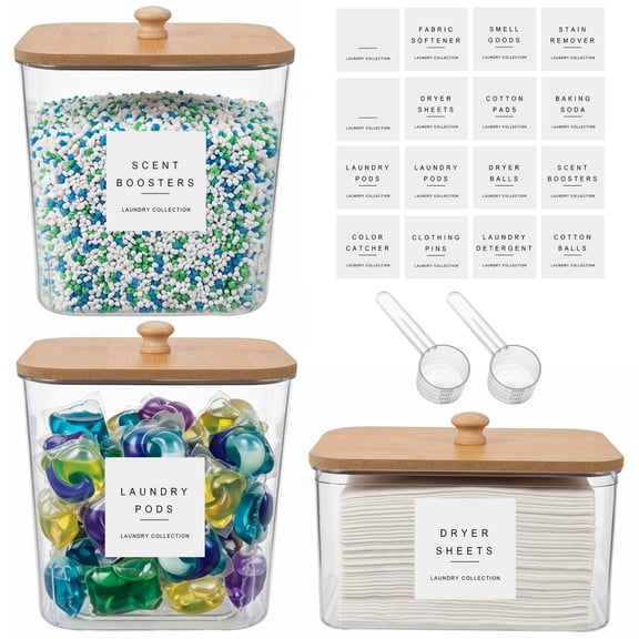 3 Pack Laundry Pod Containers and Dryer Sheet Holder, Laundry Room Organization Storage Containers with Lids and Labels for Detergent Pods Dry Sheet Organizing