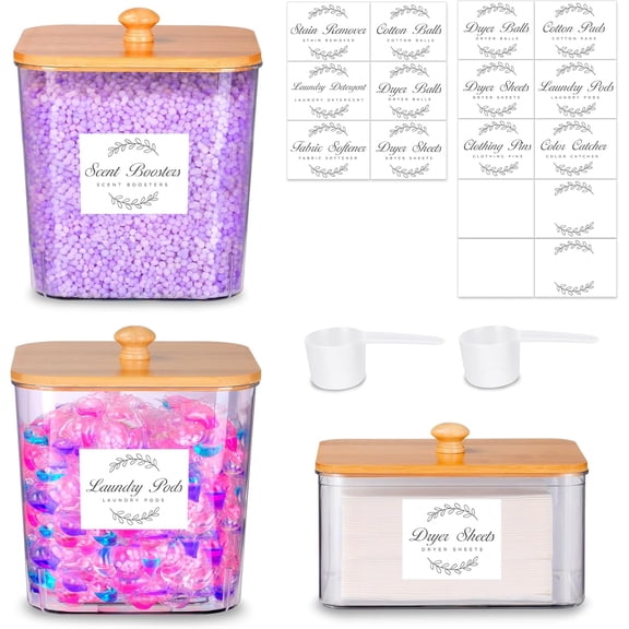 3 Pack Laundry Pods Container & Dryer Sheet Holder Set, Clear Laundry Room Organization Containers with Bamboo Lids and Labels, Detergent Pods Storage for Scent Booster, Powder