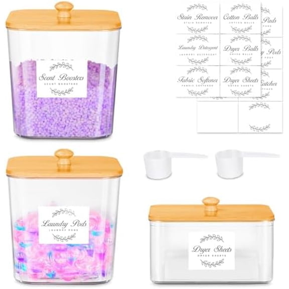 3 Pack Laundry Pods Container & Dryer Sheet Holder Set,Clear Laundry Room Organization Containers with Bamboo Lids and Labels,Laundry Pods Holder for Scent Booster,Powder,Pod