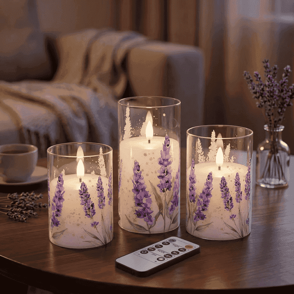 Goyuon Lavender Flameless Candles, Battery Operated LED Pillar Candles with 2/4/6/8H Timer, Flickering Candle for Wedding, Holiday, Spring Decor, Set of 3 (D3”x H4” 5” 6”)
