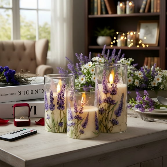 Goyuon Lavender Flameless Candles, Battery Operated LED Pillar Candles with 2/4/6/8H Timer, Flickering Candle for Wedding, Holiday, Spring Decor, Set of 3 (D3x H4 5 6)