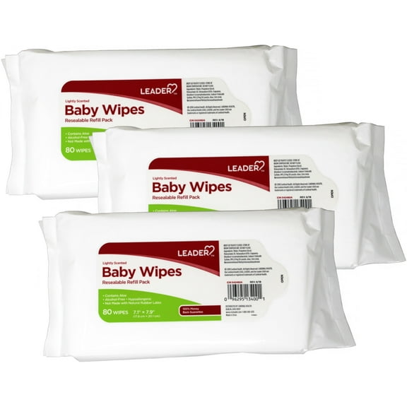 3 Pack - Leader Baby Wipes, Resealable Refill Pack, 7.1 x 7.9 (17.8 cm x 20.1 cm), Lightly Scented, 80 Count