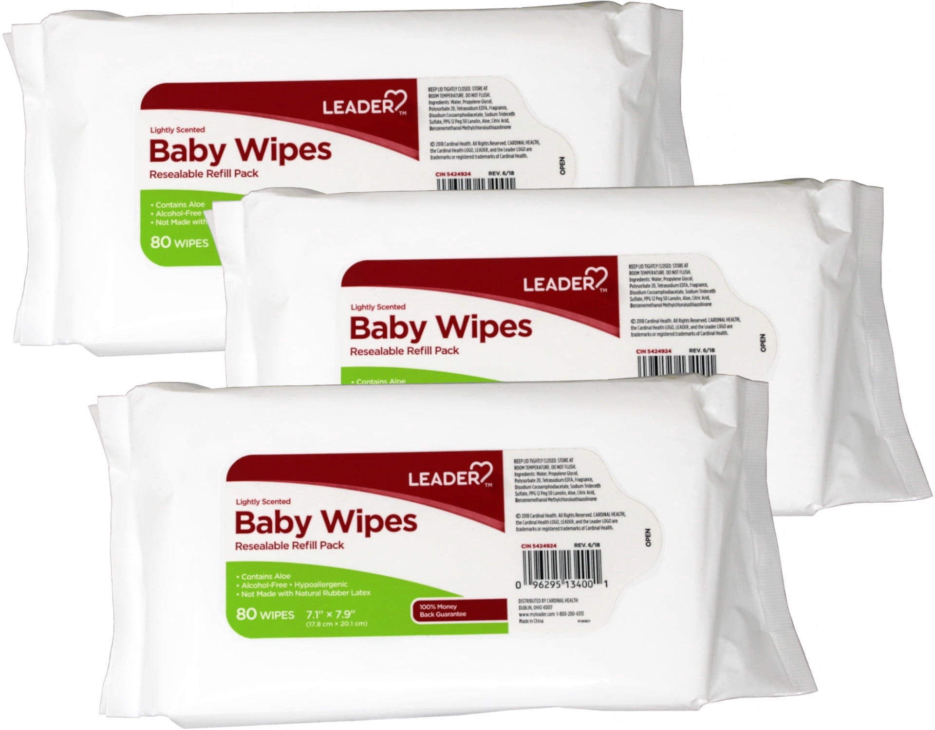 Leader Baby Wipes Lightly Scented Refillable Pack with Aloe Alcohol Free Hypoallergenic 80 Count (Pack of 3)