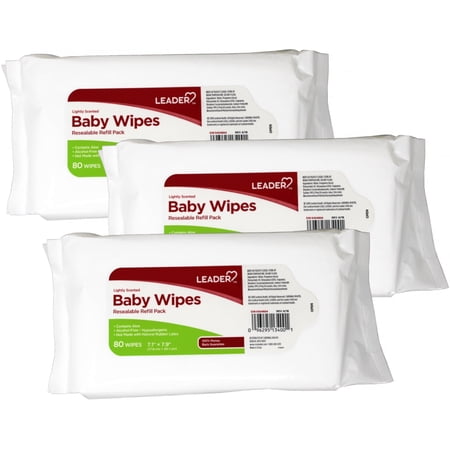 Leader Baby Wipes Lightly Scented Refillable Pack with Aloe Alcohol Free Hypoallergenic 80 Count (Pack of 3)