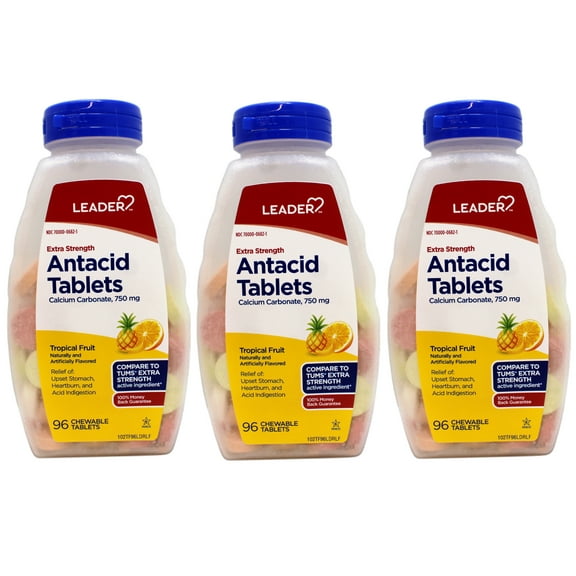 3 Pack - Leader Extra Strength Antacid Chewable Tablets, Fast Relief of Heartburn and Acid Indigestion Reflux, Tropical Fruit, 96 Count