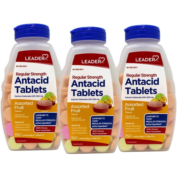 3 Pack - Leader Regular Strength Chewable Antacid Tablets for Heartburn Relief and Acid Indigestion Relief, Calcium Carbonate 500mg, Assorted Fruit, 150 Count