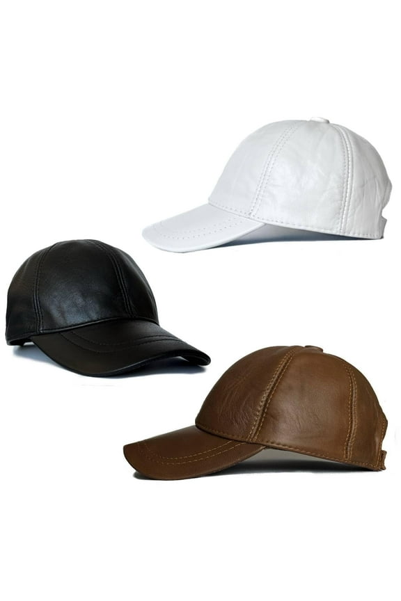 3 Pack Leather Caps Genuine Lambskin Leather Hat Sports Visor Adjustable Strap (Leather, 3 Pack Black White Whiskey)