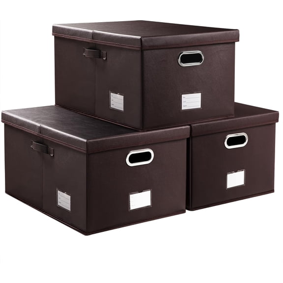 3-Pack Leather Fabric Collapsible Storage Box with Lid, Brown Organizer Cube, 22.8"x15.7"x11.8"