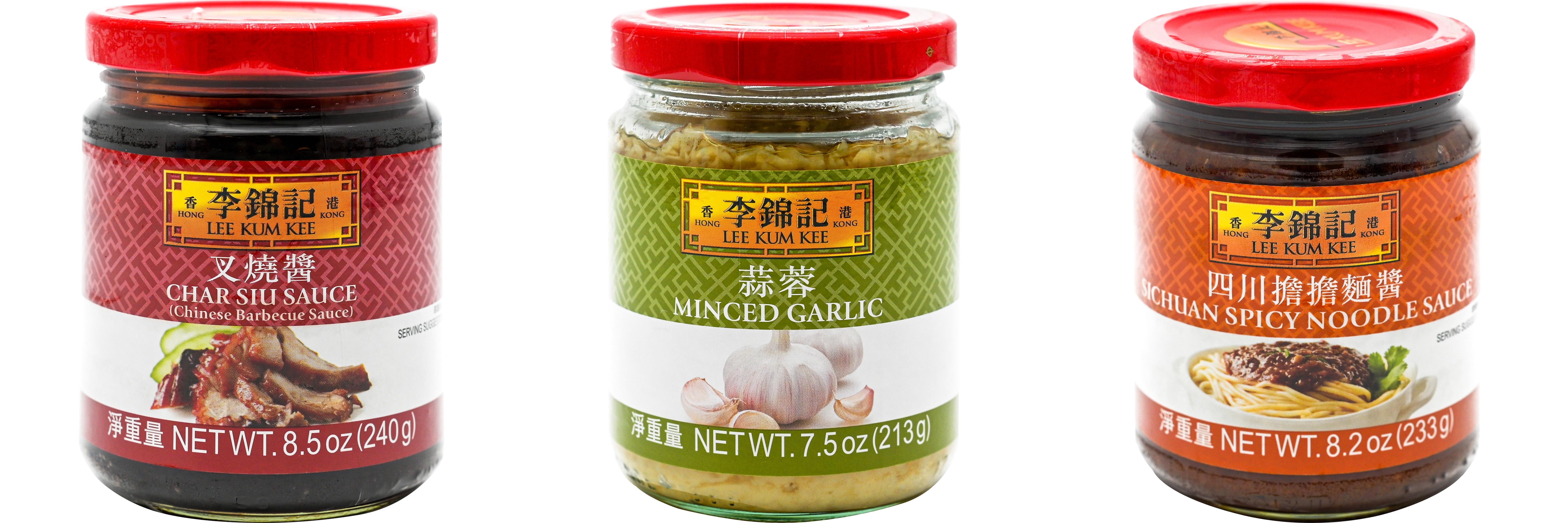 3 Pack Lee Kum Kee Cooking Sauce, 3 Flavors(Char Siu Sauce,Minced Garlic Sauce,Sichuan Spicy Noodle Sauce) Plus NineChef Brand Long Handle Coffee Spoon