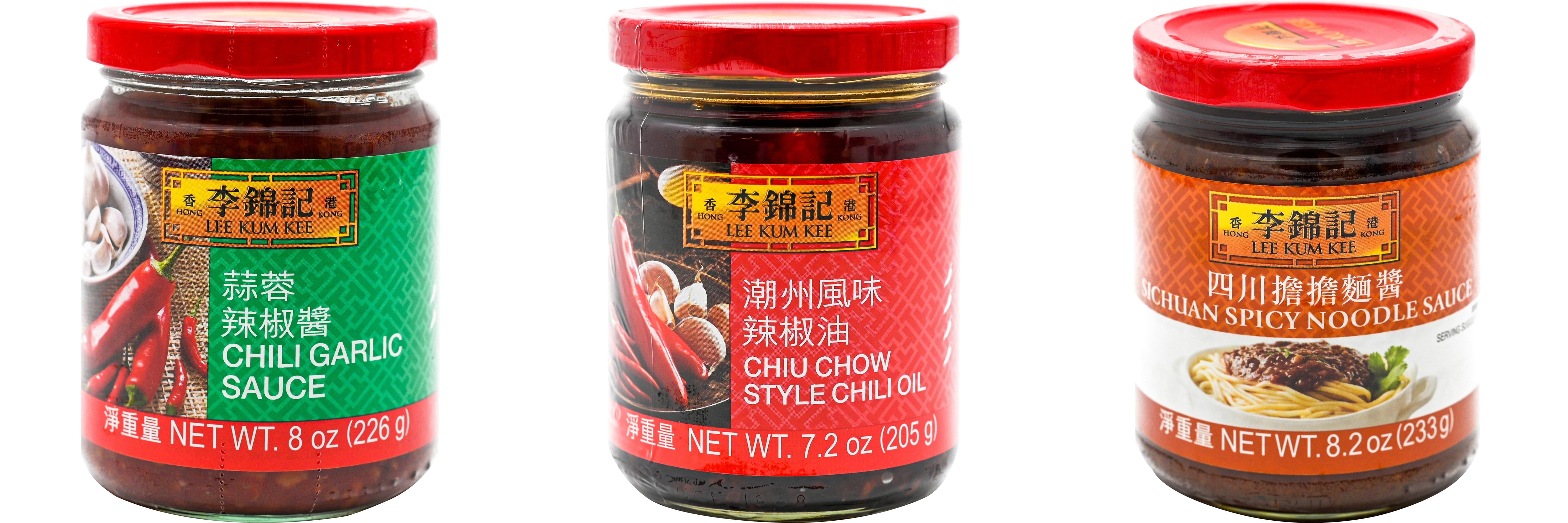3 Pack Lee Kum Kee Cooking Sauce, 3 Flavors(Chili Garlic Sauce,Chiu Chow Chili Oil,Sichuan Spicy Noodle Sauce) Plus NineChef Brand Long Handle Coffee Spoon