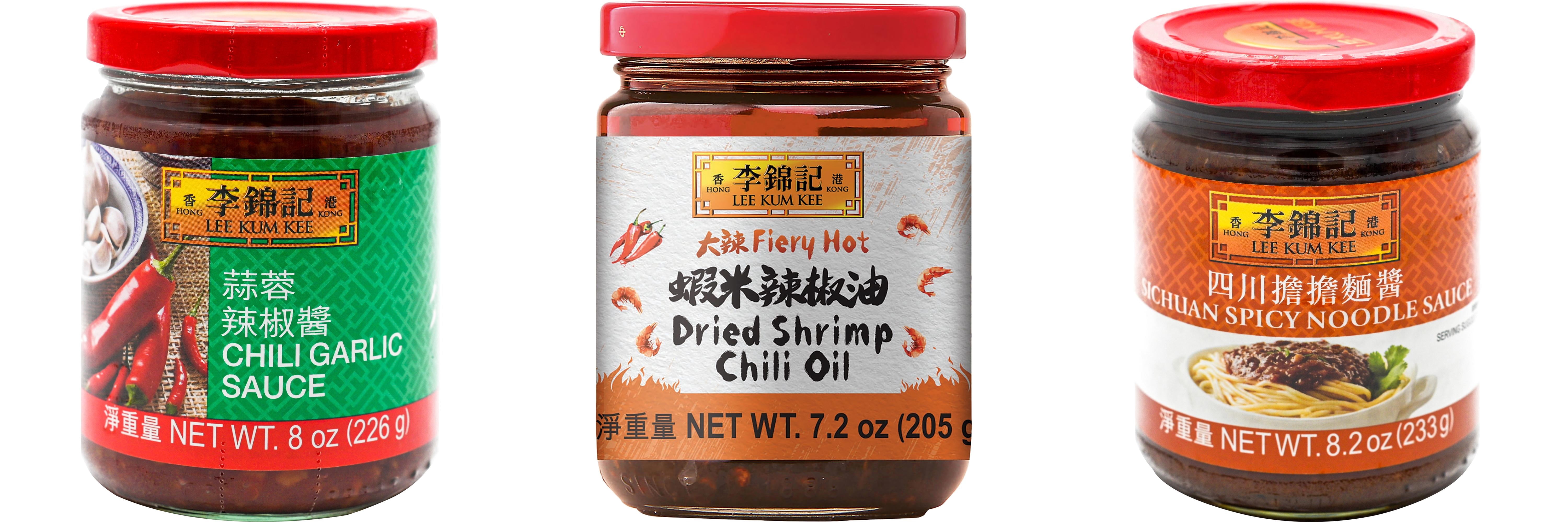 3 Pack Lee Kum Kee Cooking Sauce, 3 Flavors(Chili Garlic Sauce,Dried Shrimp Chili Oil,Sichuan Spicy Noodle Sauce) Plus NineChef Brand Long Handle Coffee Spoon