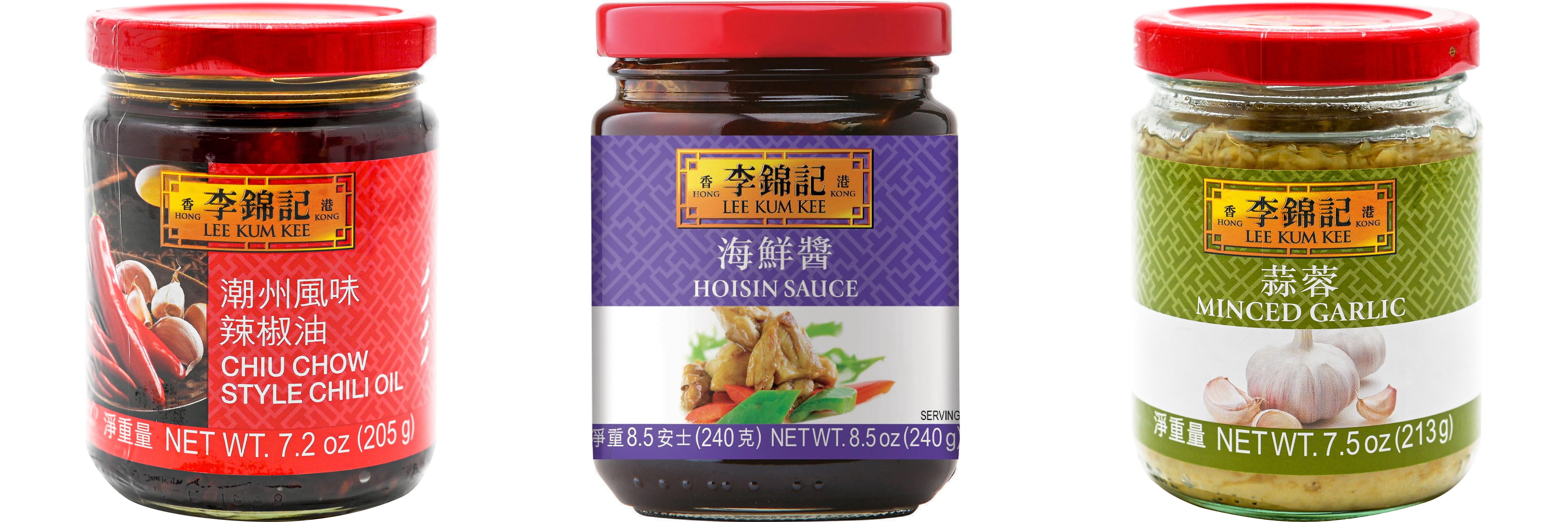 3 Pack Lee Kum Kee Cooking Sauce, 3 Flavors(Chiu Chow Chili Oil,Hoisin Sauce,Minced Garlic Sauce) Plus NineChef Brand Long Handle Coffee Spoon