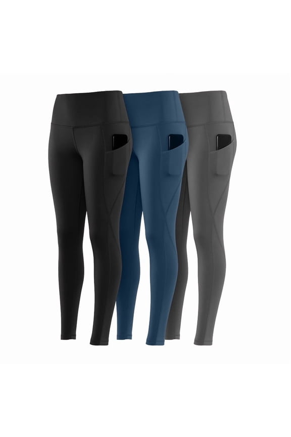 3 Pack-Leggings for Women with Pockets - Buttery Soft, High Waisted Tummy Control Yoga Pants for Workout Gym Running - Black + Navy Blue + Dak Grey, Size - Large (US)