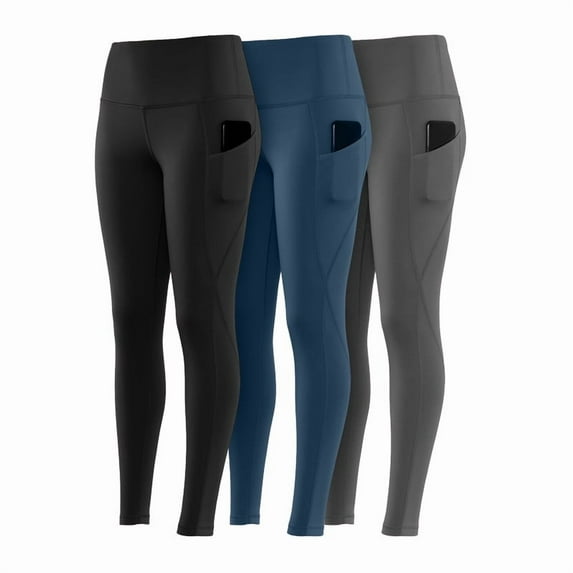 3 Pack-Leggings for Women with Pockets - Buttery Soft, High Waisted Tummy Control Yoga Pants for Workout Gym Running - Black + Navy Blue + Dak Grey, Size - XL (US)