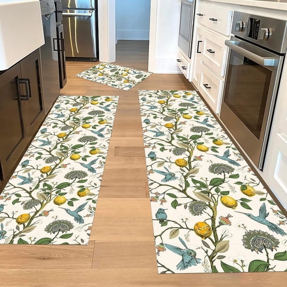 3 Pack Lemon Tree Floral Hummingbird Farmhouse Kitchen Mats Set, Yellow Green Non Slip Rubber Back Washable Decorative Floor Runner Area Rugs, Low Profile Waterproof Stain Resistant Carpet for Kitche