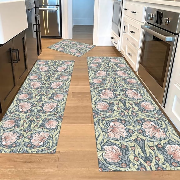 3 Pack Lemon Tree Floral Hummingbird Farmhouse Kitchen Mats Set, Yellow Green Non Slip Rubber Back Washable Decorative Floor Runner Area Rugs, Low Profile Waterproof Stain Resistant Carpet for Kitche