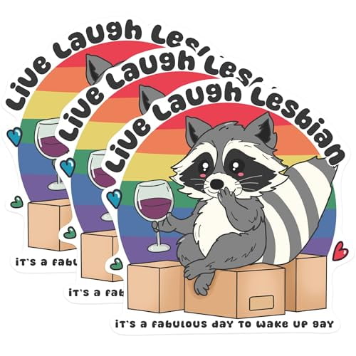 (3 Pack) Lesbian Raccoon Decals - Live Laugh Lesbian - Fabulous Gay Day Laptop Decal - 3 Inches On Longest Side - Easy Peel & Apply - Made in USA - 3MCS0884