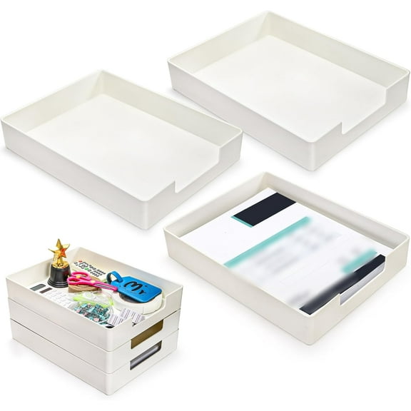 3 Pack Letter Tray, Plastic Stackable A4 Paper Trays, Rectangular Desk Drawer Organizer, File Holder for Desktop, Office Supplies Storage, White