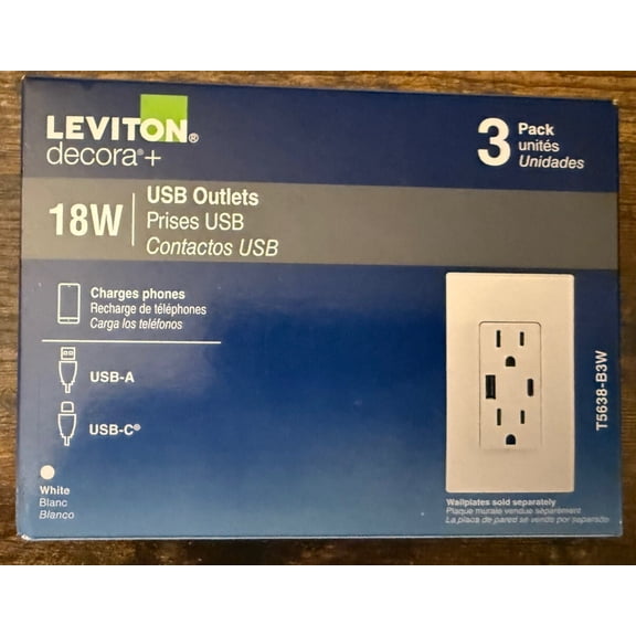 3-Pack Leviton T5638-B3W Tamper-Resistant Duplex Outlet Type A and C USB 18W