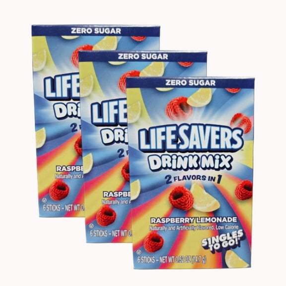 (3 Pack) Life Savers Raspberry Lemonade Drink Mix Sticks Zero Sugar Low Calorie Powdered Juice, 0.52 oz