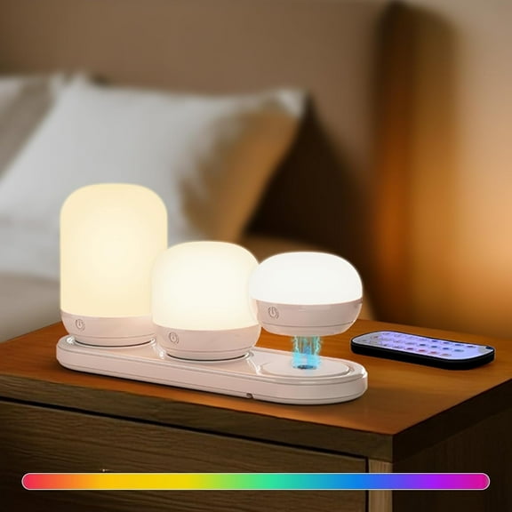 SUNMORY Rechargeable Night Light, Table Lamp for Bedroom, Dimmable Bedside Lamp with Magnetic Charging Station, Small Nightstand Lamp, LED Lights with 12 RGB Colors, Timer & Remote Control
