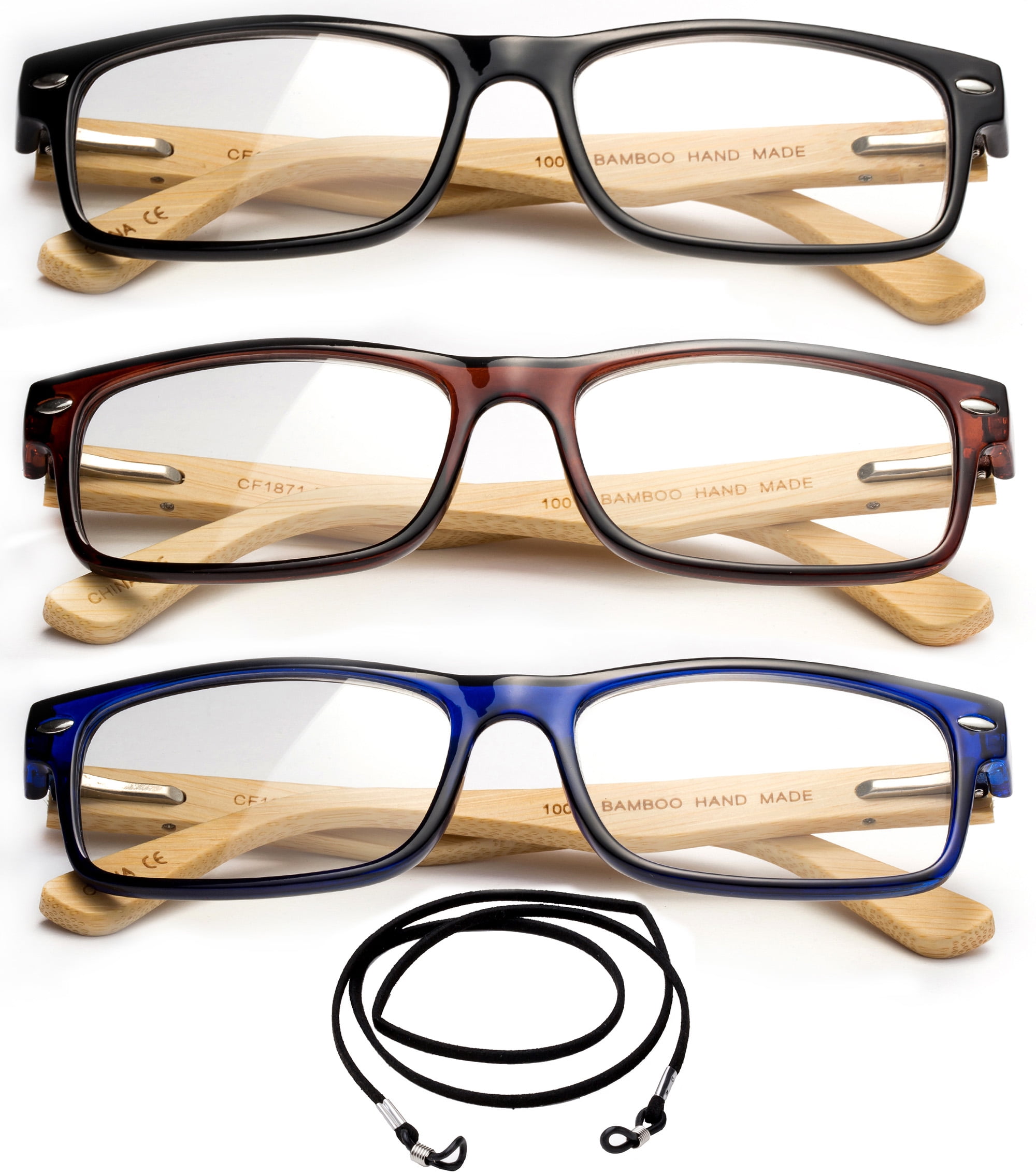 3 Pack Light Compact Squared Fashion Reading Glasses Bamboo Temple
