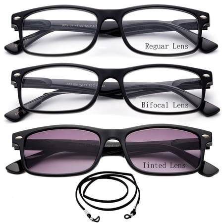 3 Pack Light Compact Squared Fashion Reading Glasses Spring Hinges with Lanyard +3.00, Black Frame with Regular Lens, Bifocal Lens & Smoke Reader Lens