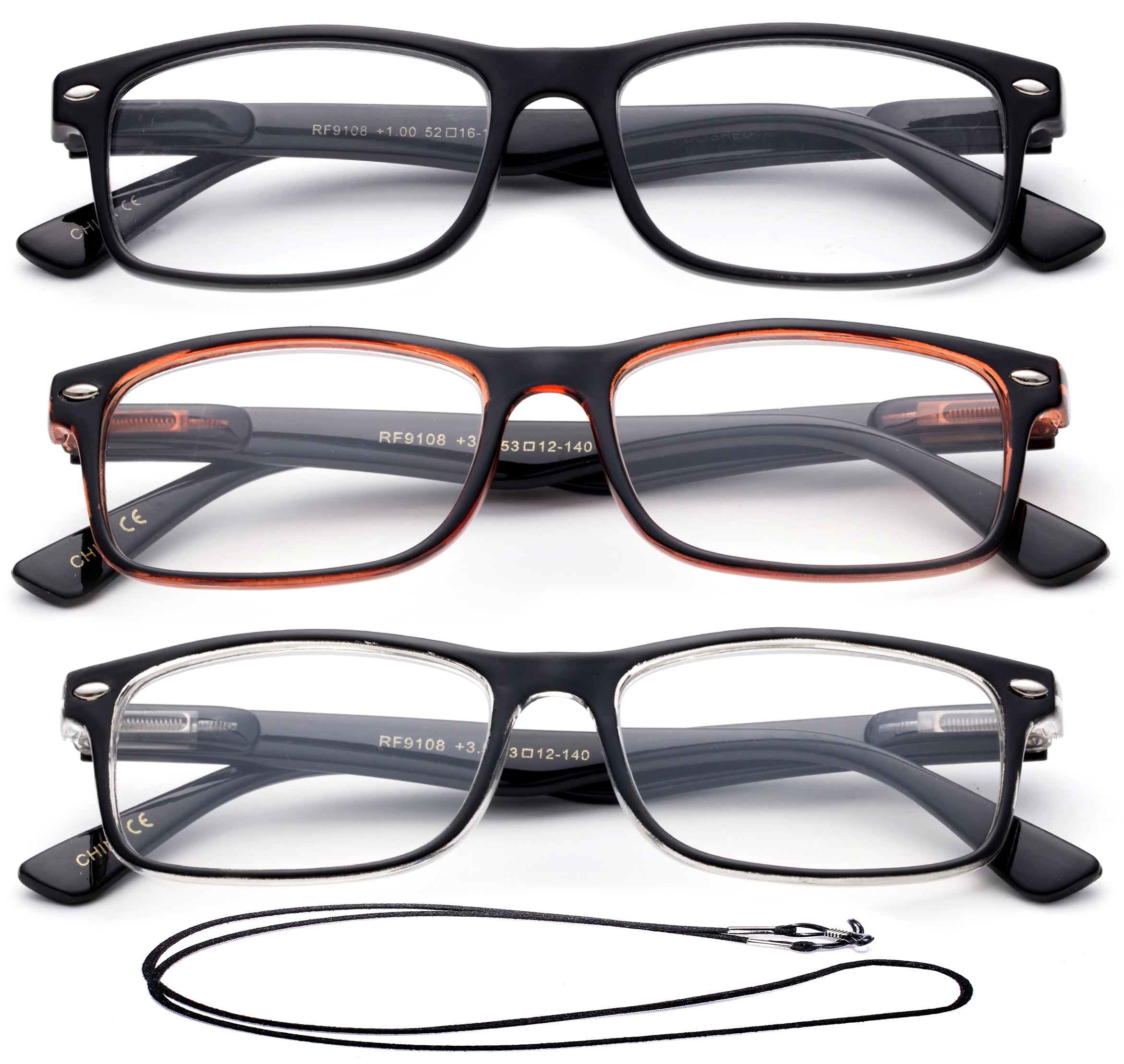 Newbee 3 Pack Fashion Reading Glasses with Spring Hinges and Lanyard ...