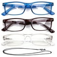 thumbnail image 1 of 3 Pack Light Compact Squared Fashion Reading Glasses Translucent Spring Hinges with Lanyard +1.75, Blue, Brown & Clear, 1 of 2