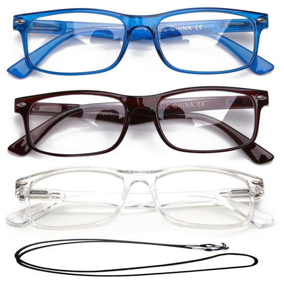 3 Pack Light Compact Squared Fashion Reading Glasses Translucent Spring Hinges with Lanyard +1.75, Blue, Brown & Clear
