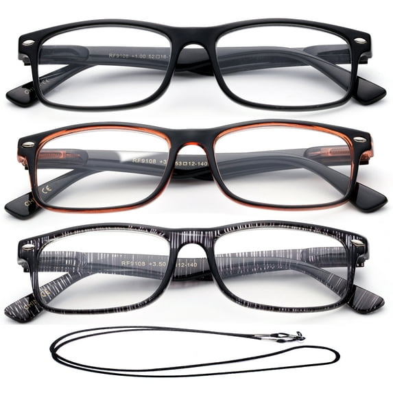 3 Pack Light Compact Squared Fashion Reading Glasses Translucent Spring Hinges with Lanyard +1.75