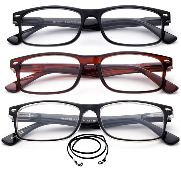 3 Pack Light Compact Squared Fashion Reading Glasses Translucent Spring Hinges with Lanyard +2.00